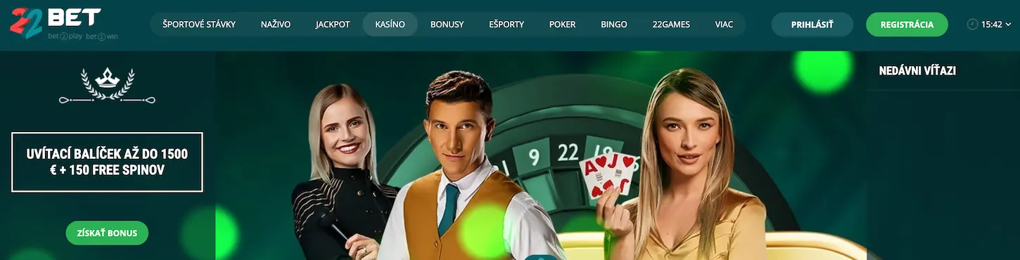 22Bet Kasino - Uvítací bonus až 1500 € a 150 free spinov